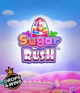 Изображение игрового автомата Sugar Rush от Pragmatic Play, демонстрирующее волшебный мир конфет и сладостей. На переднем плане видны иконки в виде конфет и желейных мишек, окруженные сладкой атмосферой. В верхней части расположен логотип игры Sugar Rush, подчеркивающий сахарную тематику игры.